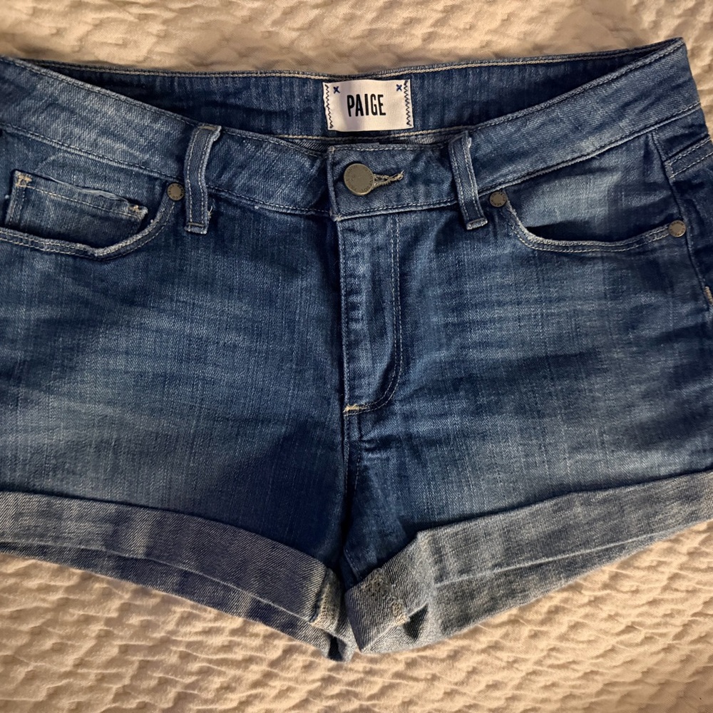 PAIGE Medium Blue Rolled Cuff Denim Shorts
